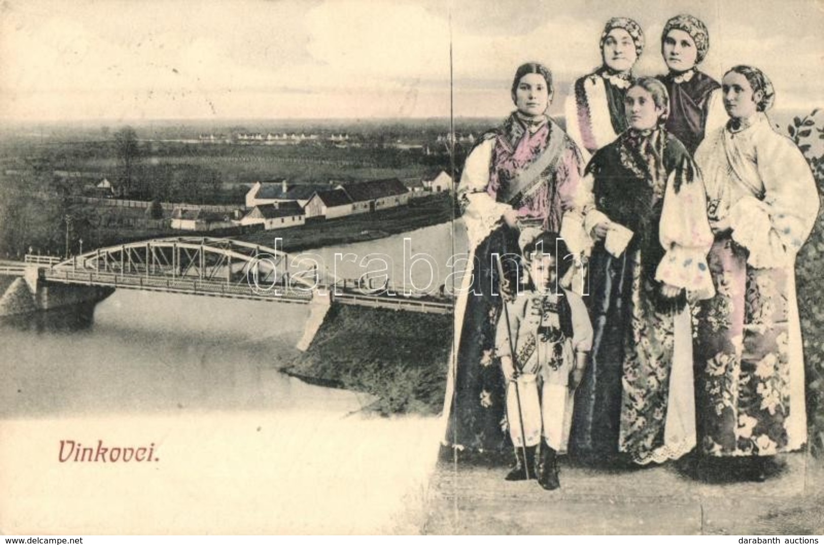 * T2 Vinkovce, Vinkovci; Látkép Híddal, Szlavóniai Népviselet, Folklór. Kiadja J. Reich / General View With Bridge, Slav - Non Classés