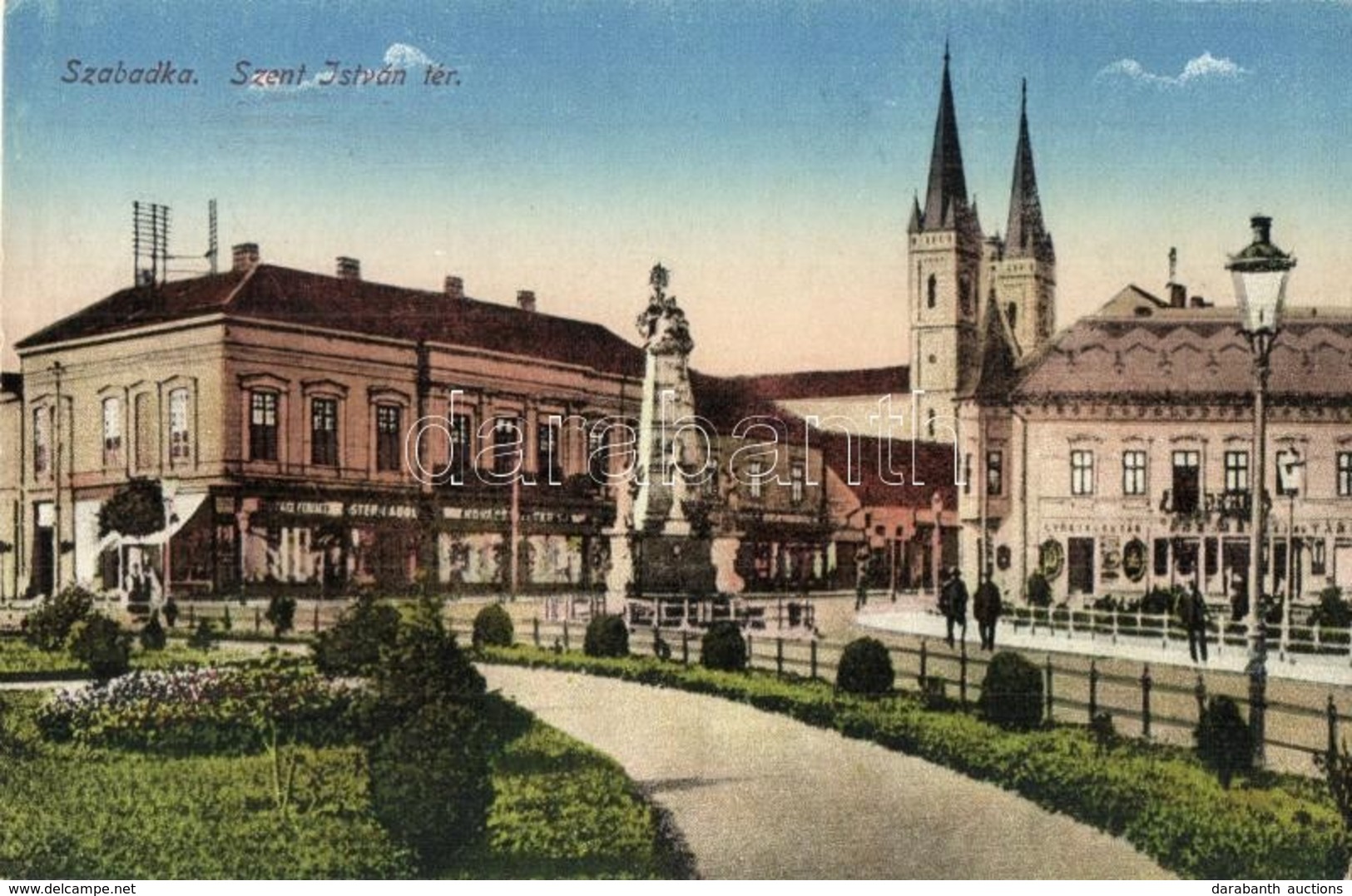 * T2 Szabadka, Subotica; Szent István Tér, Szentháromság Szobor, Gyógyszertár, Stern Adolf, Kovács üzlete / Square, Holy - Non Classés