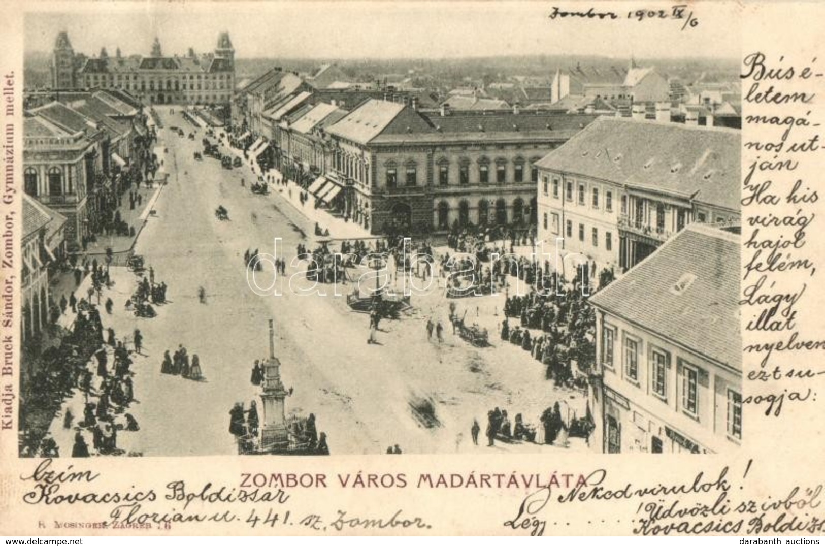 T2 1902 Zombor, Sombor; Látkép, Piaci árusok, üzletek. Kiadja Bruck Sándor / General View, Market Vendors, Shops - Sin Clasificación