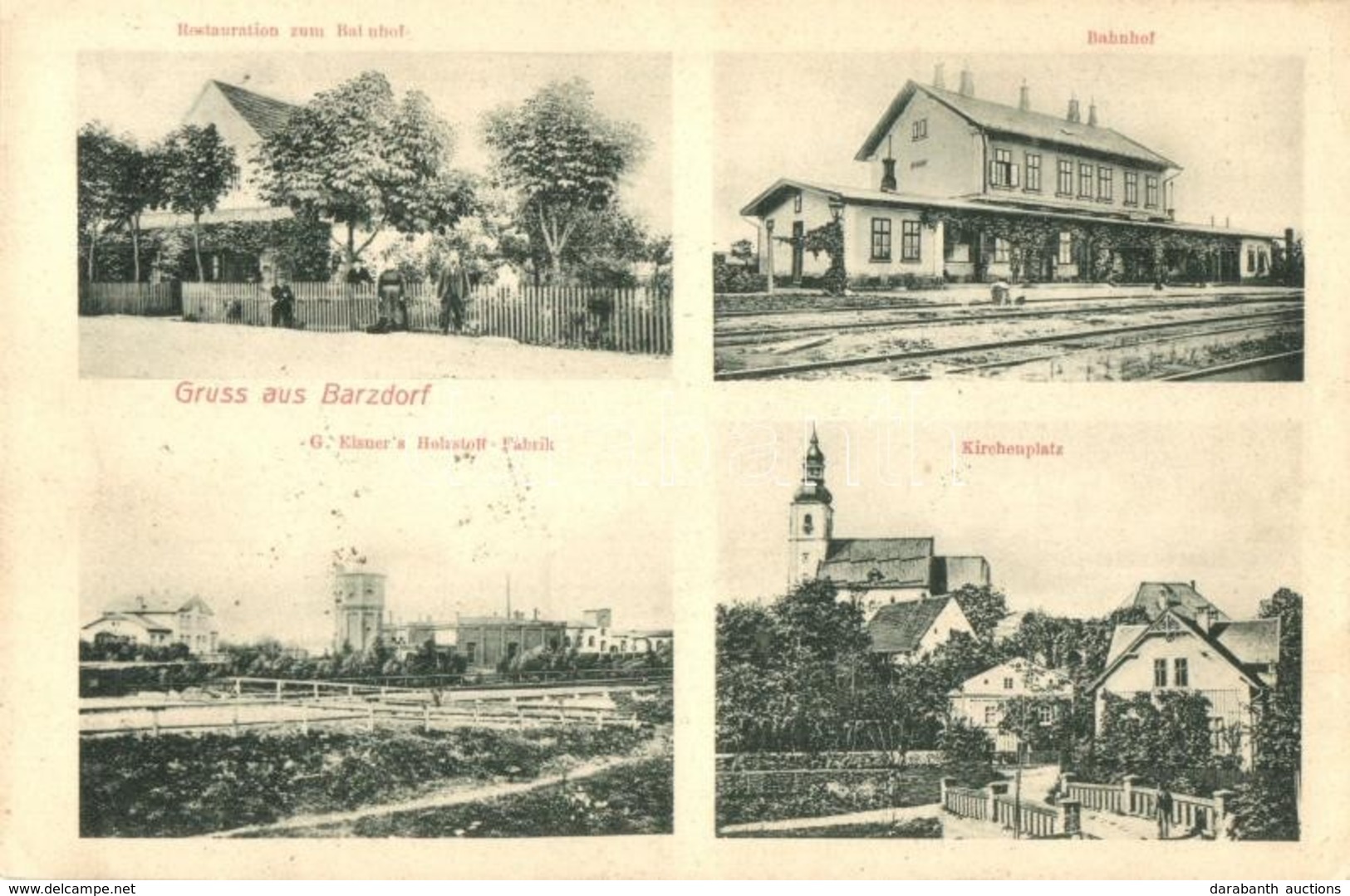 T2 Bernartice, Barzdorf; Restauration Zum Bahnhof, Bahnhof, G. Elsner's Holzstoff-Fabrik, Kirchenplatz / Restaurant, Rai - Non Classés