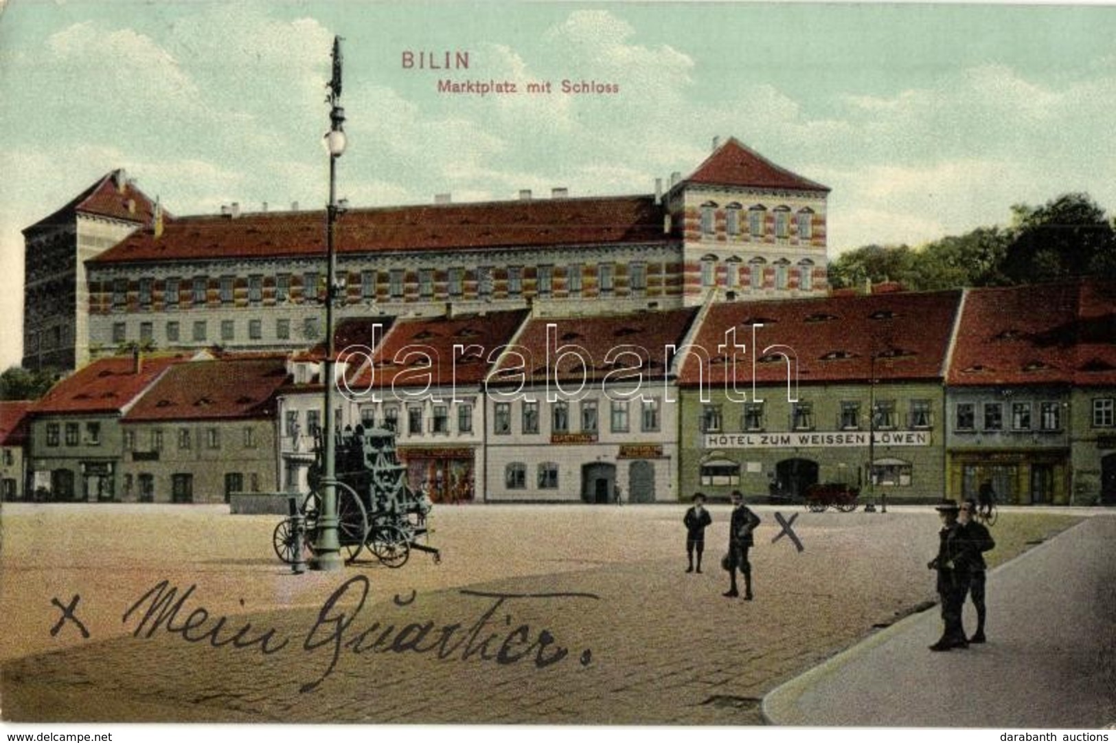 T2 1915 Bílina, Bilin (Böhmen); Marktplatz Mit Schloss, Hotel Zum Weissen Löwen, Gasthaus. Verlag A. Bund / Market Squar - Zonder Classificatie