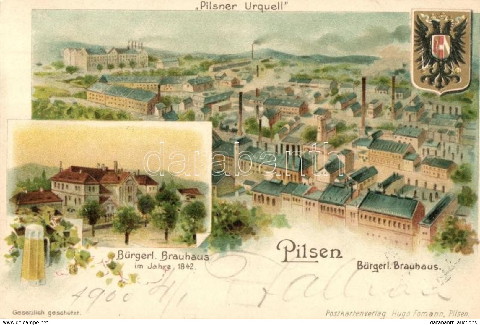T2 1900 Plzen, Pilsen; Pilsner Urquell Bürgerl. Brauhaus / Brewery, Coat Of Arms. Postkartenverlag Hug Fomann Art Nouvea - Non Classés