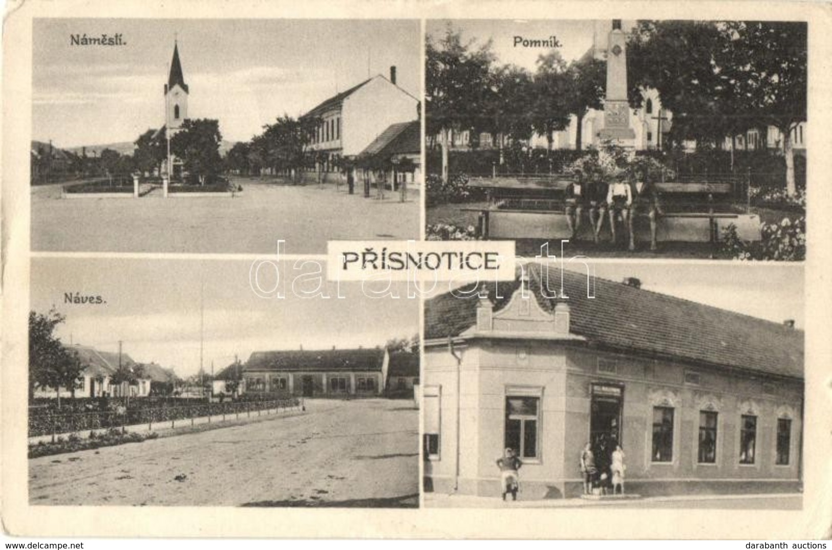 * T2/T3 Prísnotice, Námesti, Pomník, Náves / Main Square, Church, WWI Heroes Monument, Street View, Shop. Foto Suchy (EK - Sin Clasificación