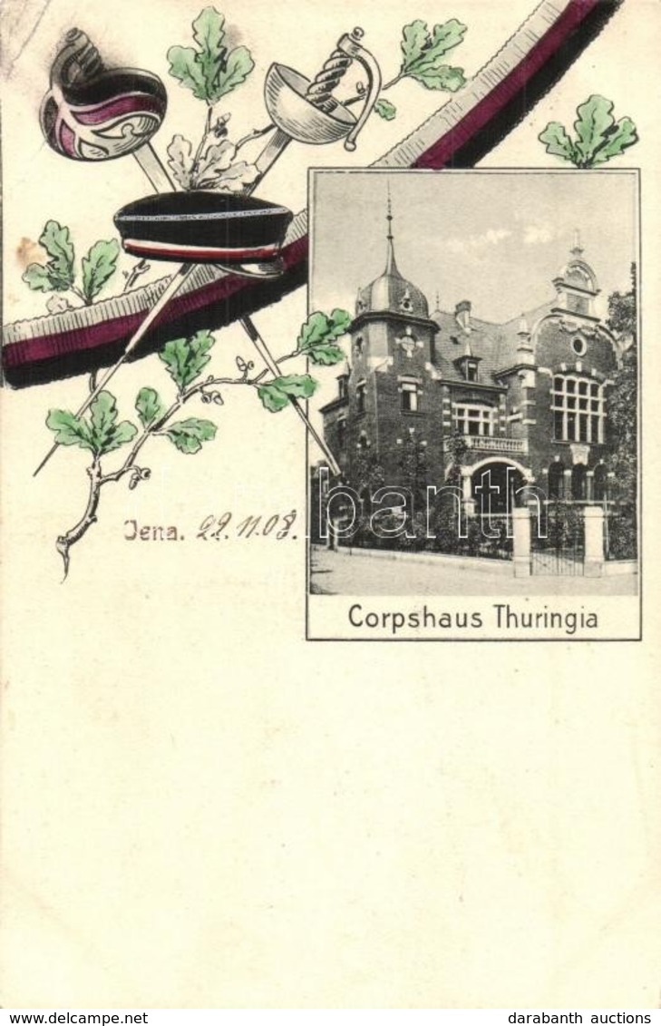 T2/T3 1908 Jena, Corpshaus Thuringia. Verlag Ernst Gollub No. 201. / Student Fraternity House. Studentica, Fencing Art P - Non Classés