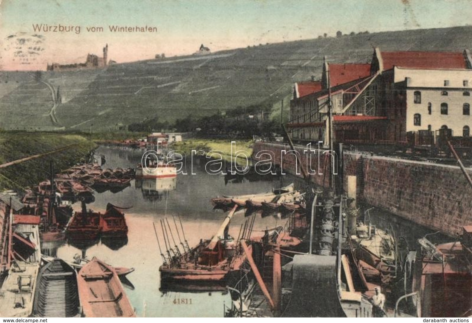 * T2/T3 1914 Würzburg, Winterhafen / Winter Harbor, Port, Quay, Wharf, Steamship, Barg. Reinicke & Rubin (kis Szakadás / - Ohne Zuordnung