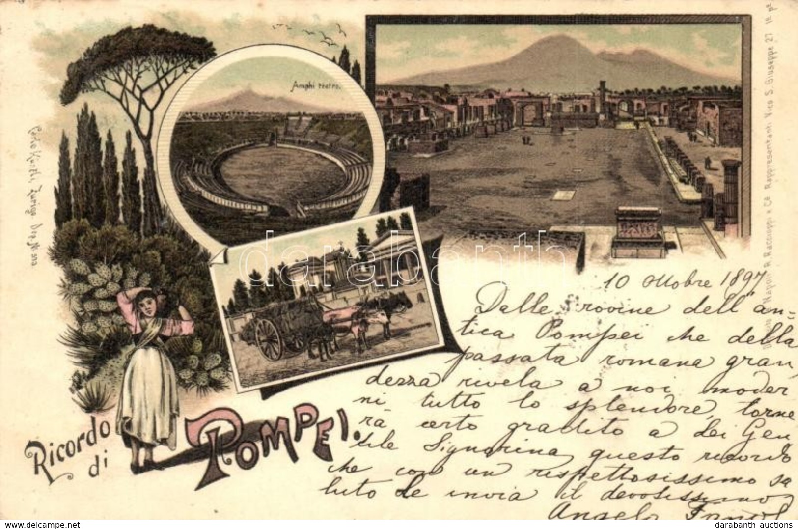 T2/T3 1897 (Vorläufer!) Pompeii (Pompei), Amphiteatro / Amphitheatre, City Ruins, Ox Cart, Folklore. Carlo Künzli Floral - Non Classés