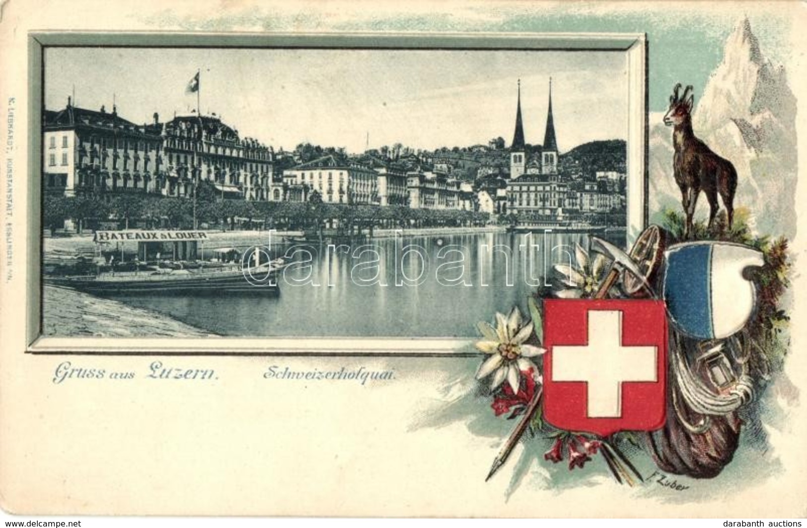 ** T2/T3 Lucerne, Luzern; Schweizerhofquai, Bateaux A Louer / Quay, Boat. Coat Of Arms, K. Liebhardt Kunstanstalt Emb. L - Non Classés