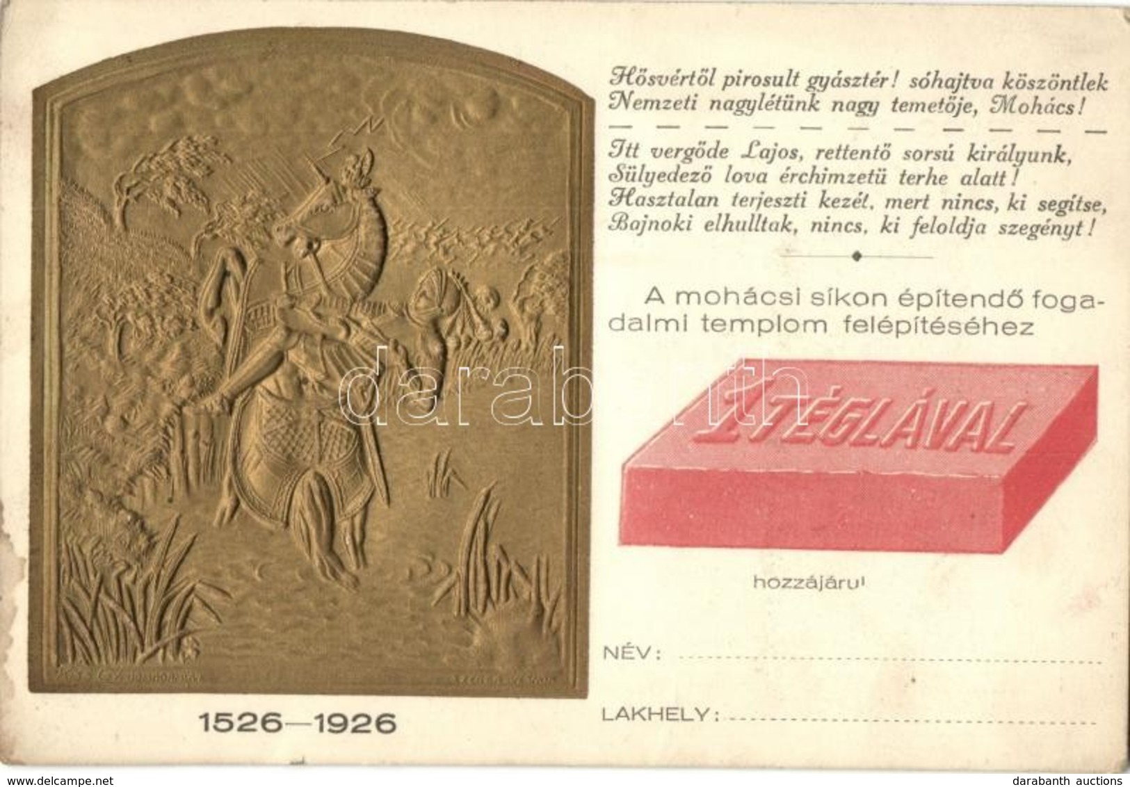 ** T2/T3 1526-1926 Mohácsi Vész 400. évfordulójának Emléklaplapja; Fogadalmi Templom Felépítéséhez Segélylap / 400th Ann - Sin Clasificación