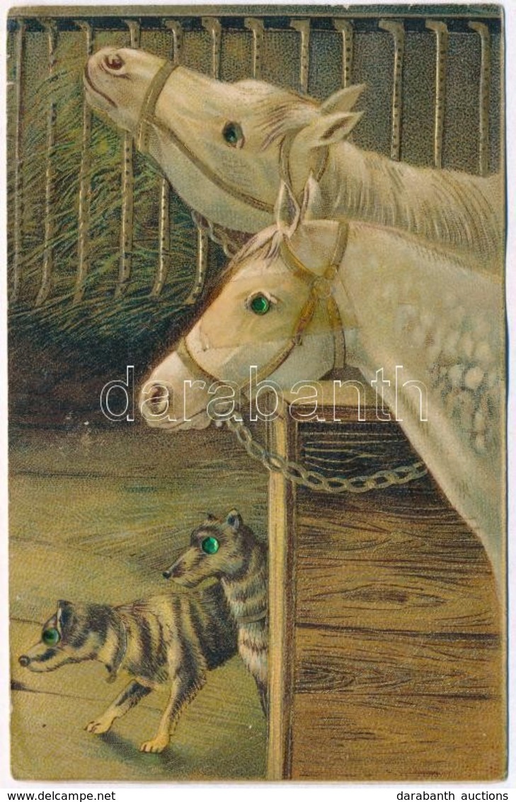 * T2/T3 Horses With Dogs. Decorated Eyes. Emb. Litho  (Rb) - Sin Clasificación