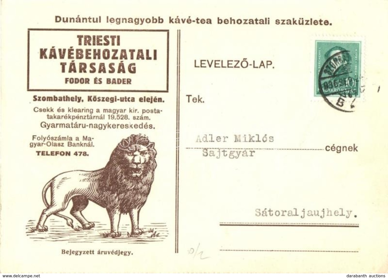 T2 Triesti Kávébehozatali Társaság (Fodor és Bader) Szombathely, Kőszegi Utca / Hungarian Coffee Import Advertisement Ca - Sin Clasificación