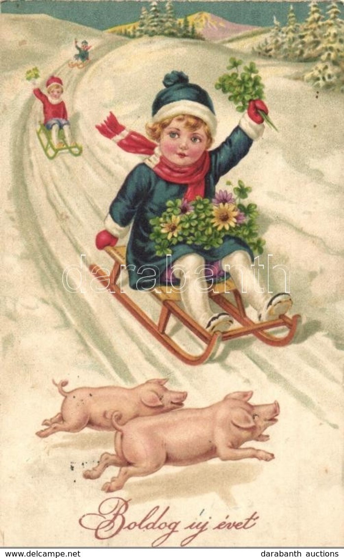 T3 Boldog új évet! / New Year Greeting Art Postcard With Sledding Children, Winter Sport, Pigs. Amag No. 2728. Litho (ly - Sin Clasificación