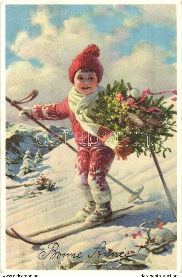 * T2 Bonne Anné / New Year Greeting Art Postcard With Child Skiing - Ohne Zuordnung