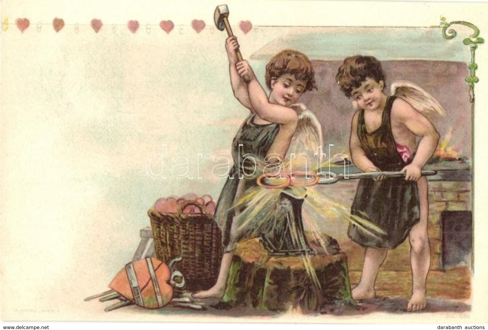 ** T1/T2 Love Greeting Art Postcard With Blacksmith Angels. A. Sockl Wien Litho - Sin Clasificación