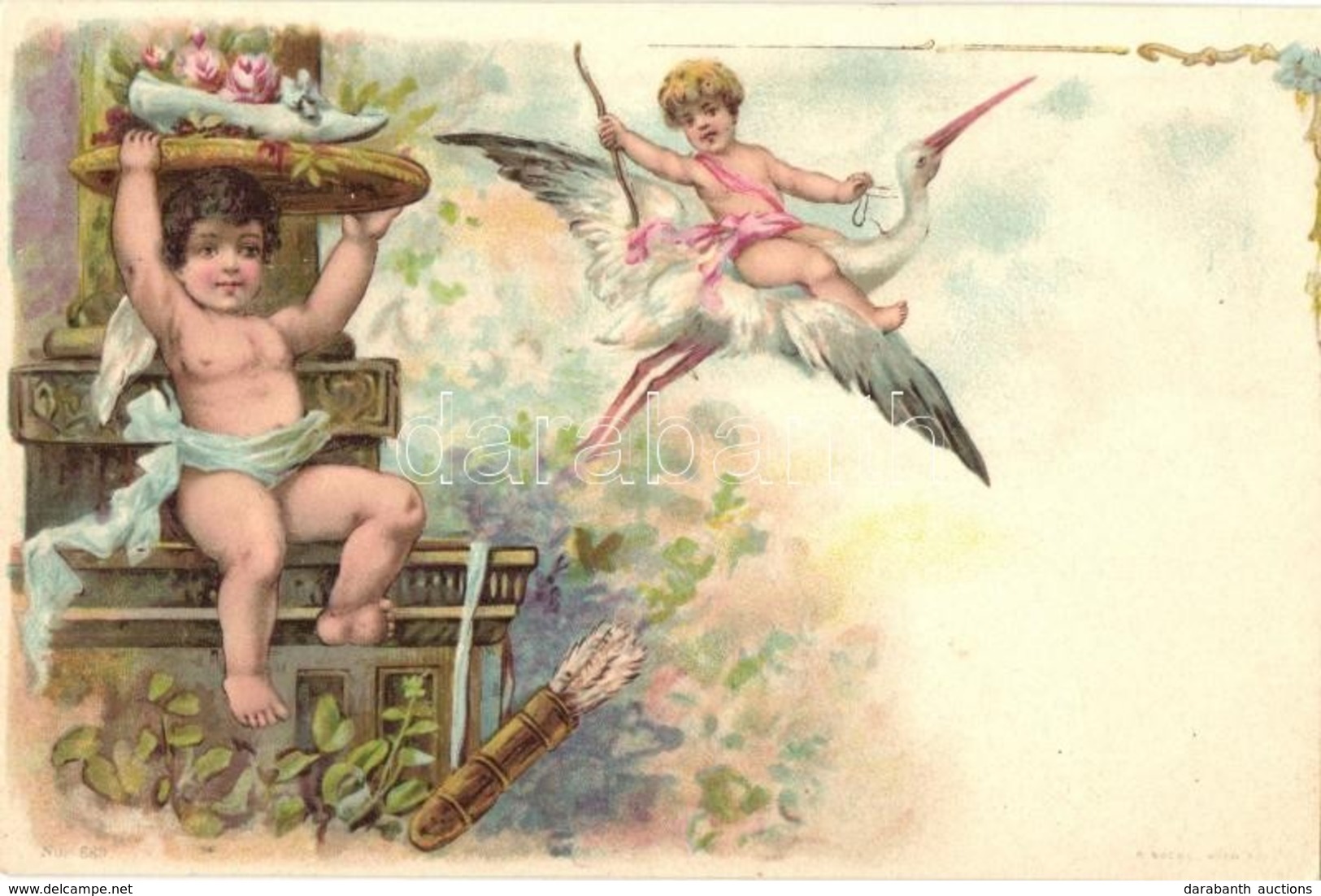 ** T1/T2 Angels With Stork. A. Sockl Wien Floral, Litho - Non Classés