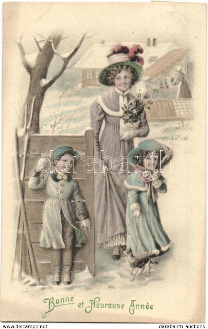 T2 Bonne Et Heureuse Année / Happy New Year, Greeting Card With Children Playing Snowball. Marque Depose Vienne Serie 60 - Non Classés