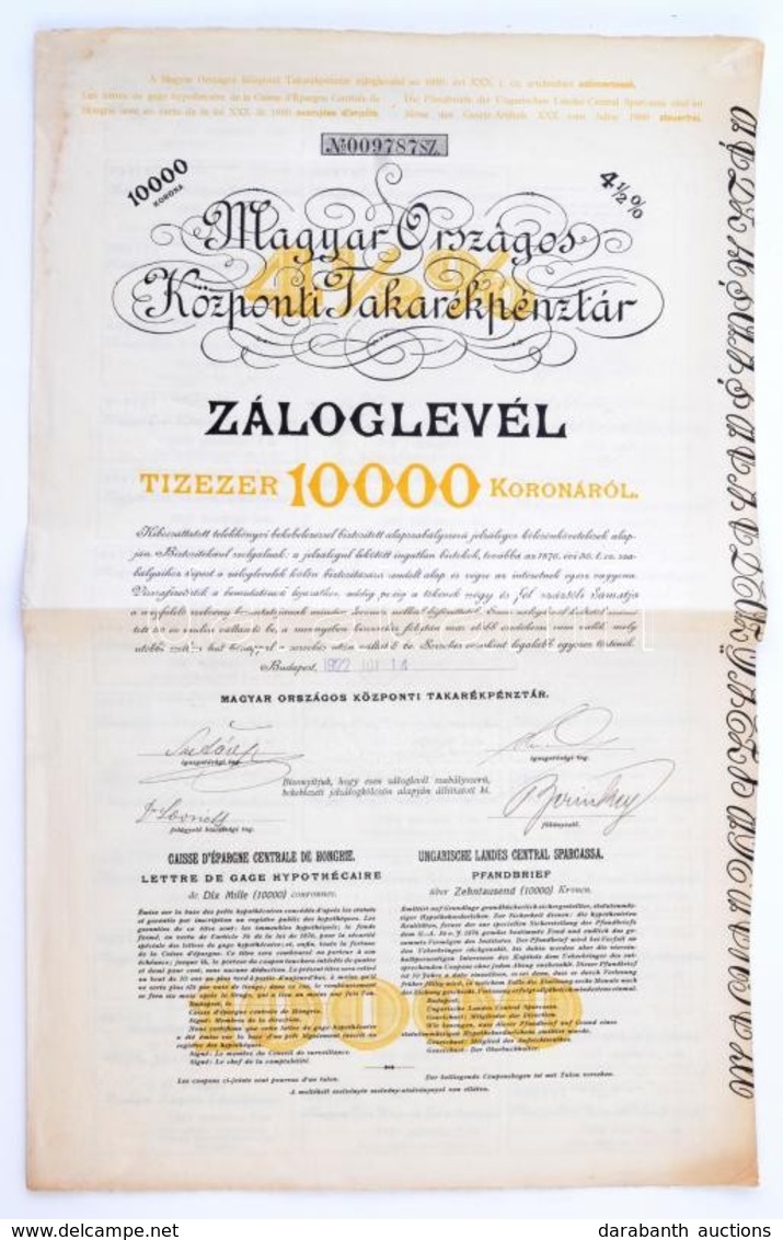 Budapest 1922. 'Magyar Országos Központi Takarékpénztár' 4 1/2%-os Záloglevele 10.000K-ról, Szárazpecséttel, Három Nyelv - Non Classés