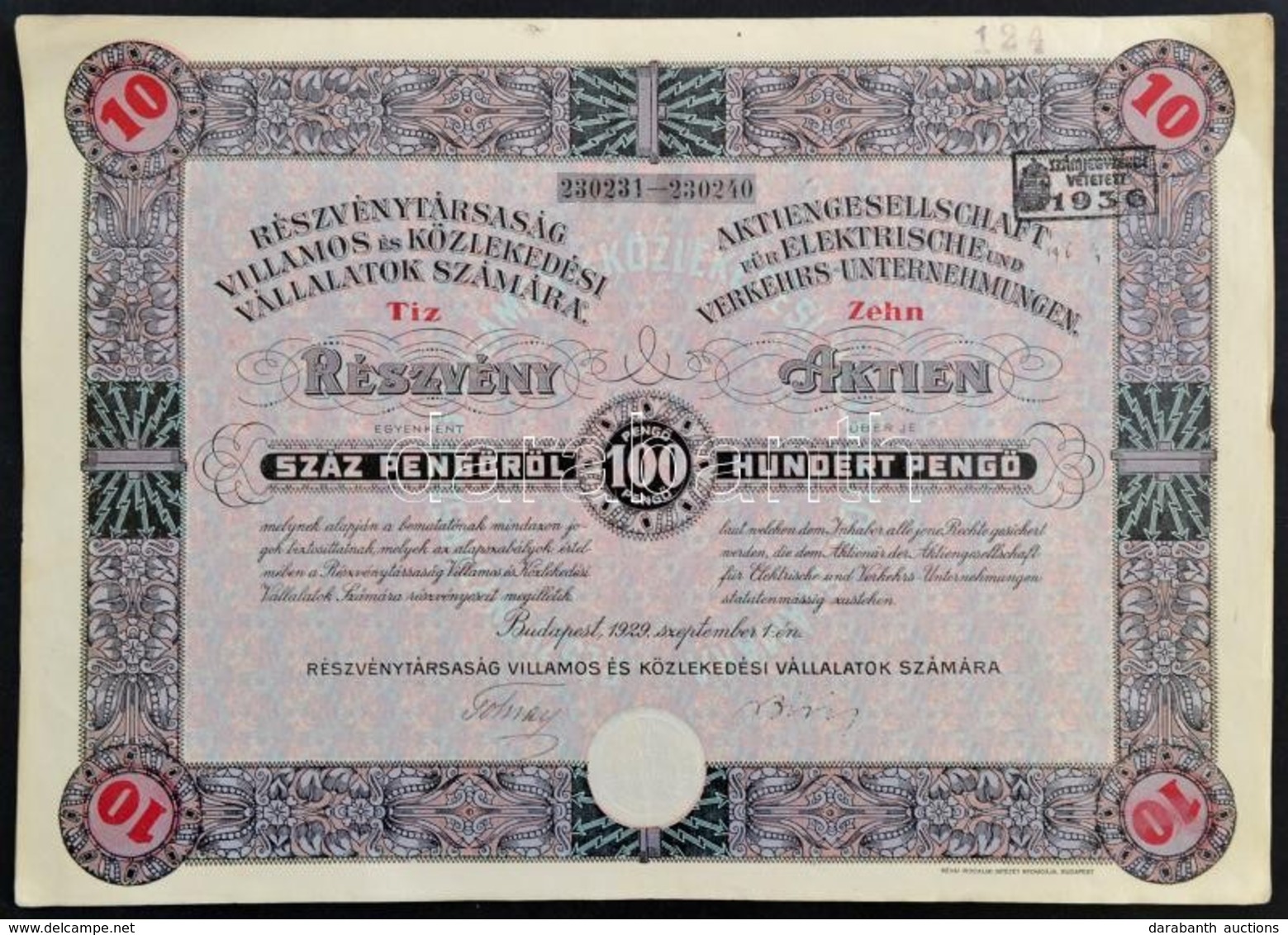 Budapest 1929. 'Részvénytársaság Villamos és Közlekedési Vállalatok Számára' Tíz Részvénye 100P-ről, Szelvényekkel, Bély - Sin Clasificación