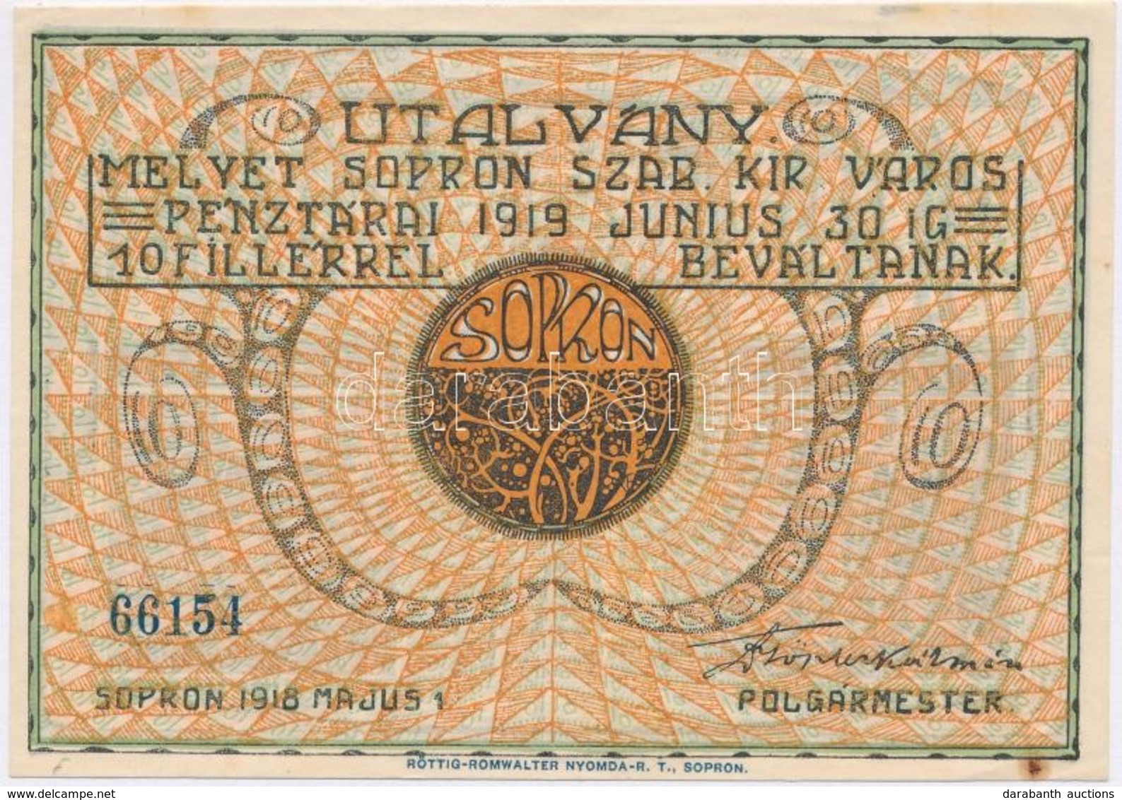 Sopron 1918. 10f Utalvány T:I,I- Kis Fo.
Adamo SOP-4.1 - Sin Clasificación