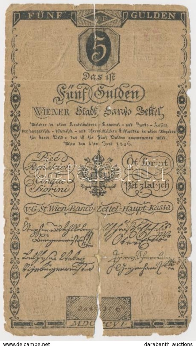 1806. 5G 'Bécsi Városi Bankócédula' Vízjeles Papíron T:IV Habsburg Monarchy 1806. 5 Gulden 'Wiener-Stadt Banco-Zettel' W - Sin Clasificación