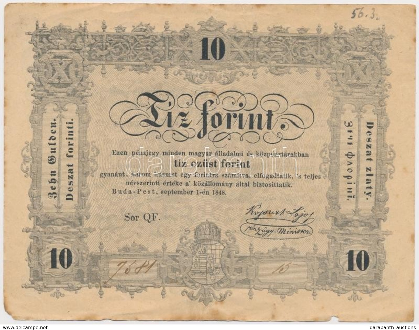 1848. 10Ft 'Kossuth Bankó' T:II- Fo., Kis Anyaghiány, Kis Szakadás
Adamo G111 - Non Classés