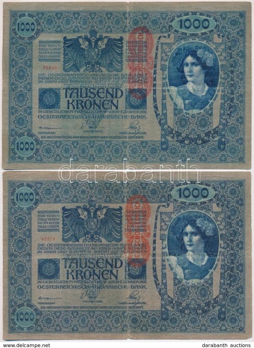1902. 1000K (3x) Mind Függőleges, Piros 'Deutschösterreich' Felülbélyegzéssel, Mindkét Oldala Német T:III - Sin Clasificación