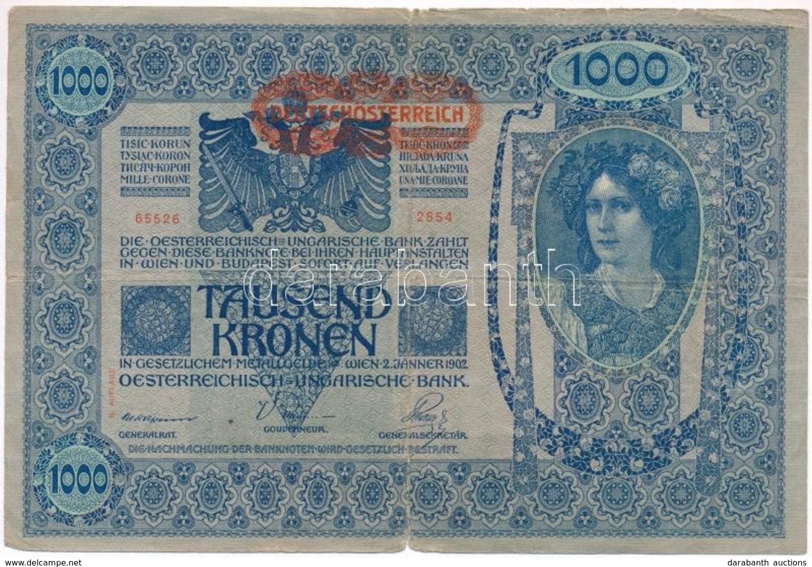 1919. (1902) 1000K Vízszintes Piros 'DEUTSCHÖSTERRECIH' Felülbélyegzéssel, Hátlap Rajzos T:III,III-
Adamo SK35/2 - Sin Clasificación