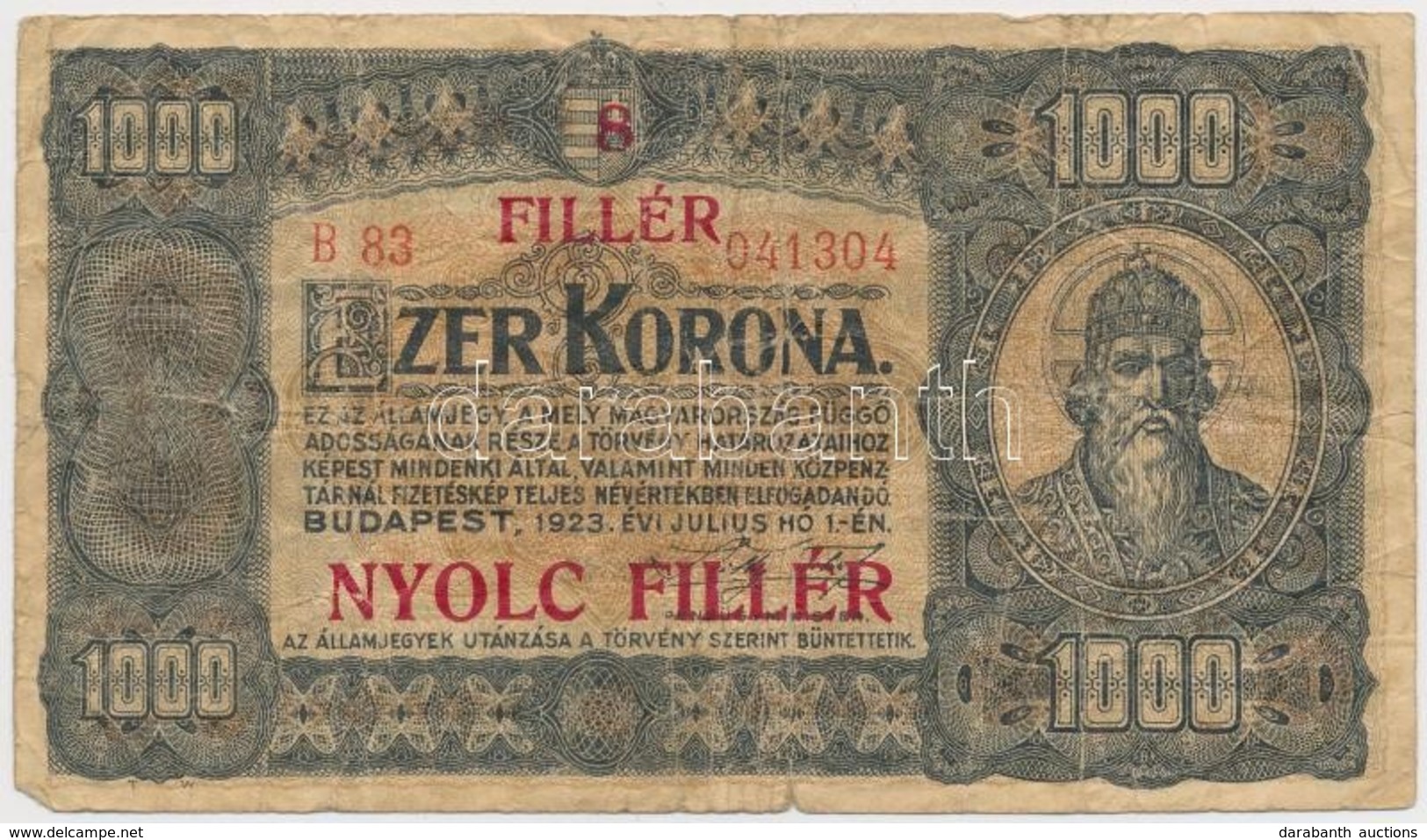 1923. 1000K '8 FILLÉR - NYOLC FILLÉR' Felülnyomással, Nyomdahely Jelölés Nélkül T:III-
Adamo K37B - Sin Clasificación