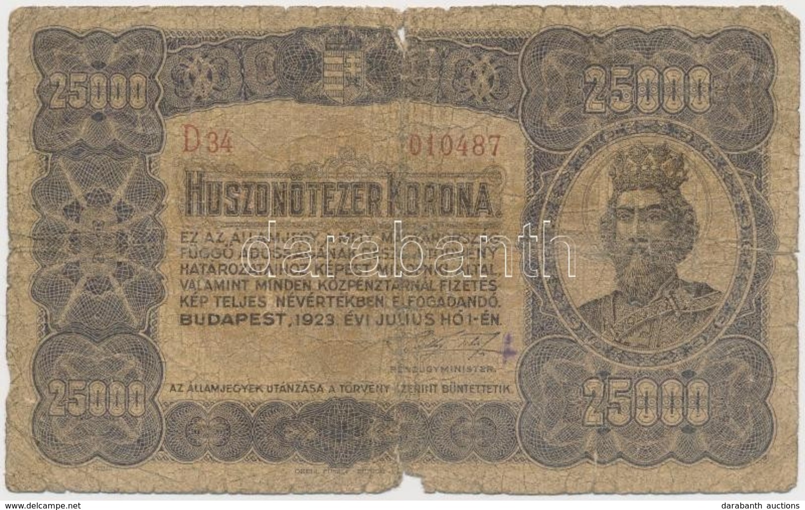 1923. 25.000K 'Orell Füssli Zürich' T:IV 
Hungary 1923. 25.000 Korona 'Orell Füssli Zürich' C:VG
Adamo K44 - Sin Clasificación