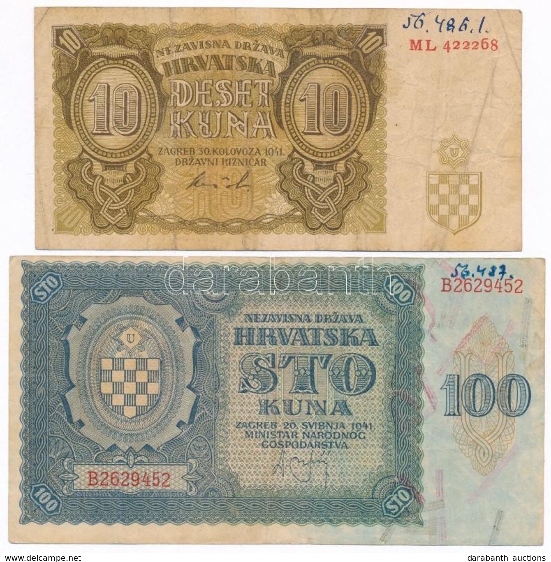 Független Horvát Állam 1941. 10K + 100K T:III 
Independent State Of Croatia 1941. 10 Kuna + 100 Kuna C:XF - Non Classés