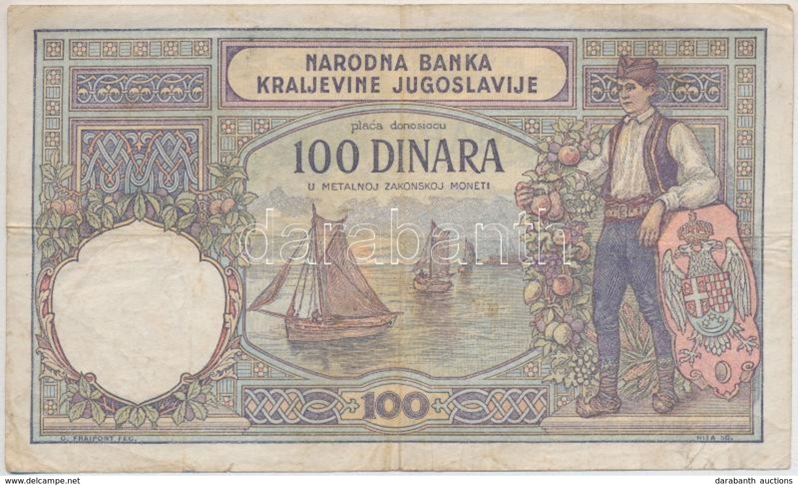 Jugoszlávia 1929. 100D 'Karadorde' Vízjel T:III
Yugoslavia 1929. 100 Dinara With 'Karadorde' Watermark C:F 
Krause 29.a - Sin Clasificación