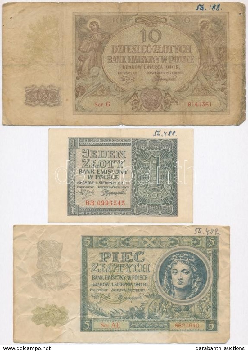 Lengyelország 1940. 10Zl + 1941. 1Zl + 5Zl T:III,III- Egyiken Ly.
Poland 1940. 10 Zlotych + 1941. 1 Zloty + 5 Zlotych C: - Non Classés