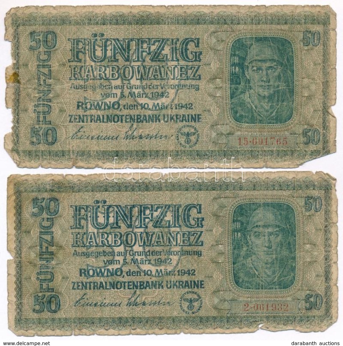 Ukrajna / Német Megszállás 1942. 50K (4x) T:IV  
Ukraine / German Occupation 1942. 50 Karbowanez (4x) C:G 
Krause 54. - Sin Clasificación