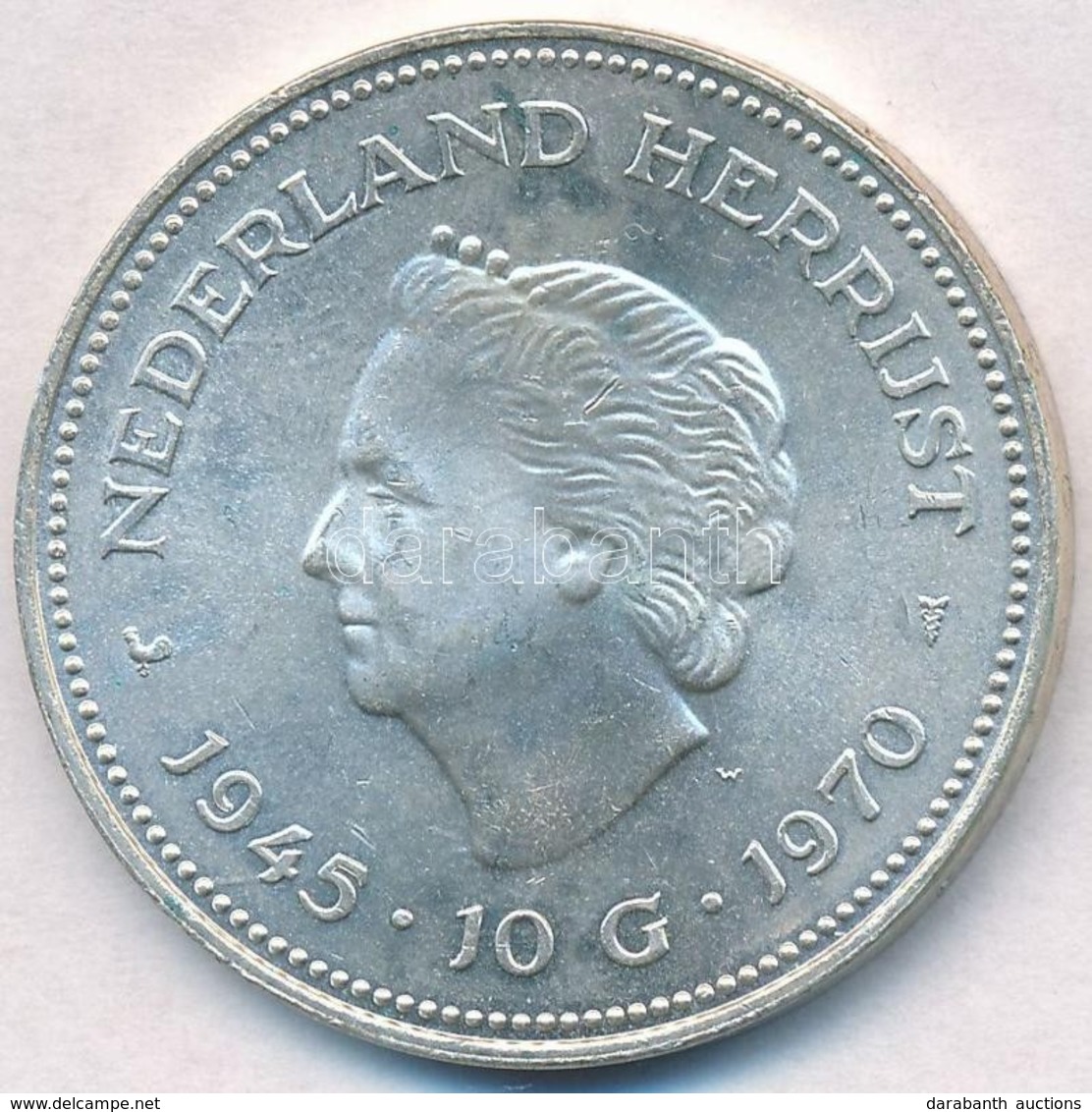 Hollandia 1970. 10G Ag 'Julianna' T:1- 
Netherlands 1970. 10 Gulden Ag 'Juliana' C:AU 
Krause KM#195 - Sin Clasificación