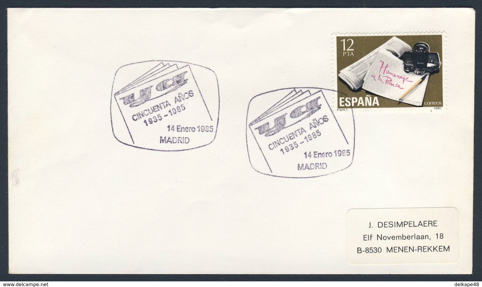 Spain Espana 1985 Cover Brief Envelope - 50e Aniv Diario "YA" 1935-1985, Madrid / Newspaper / Zeitung - Brieven En Documenten