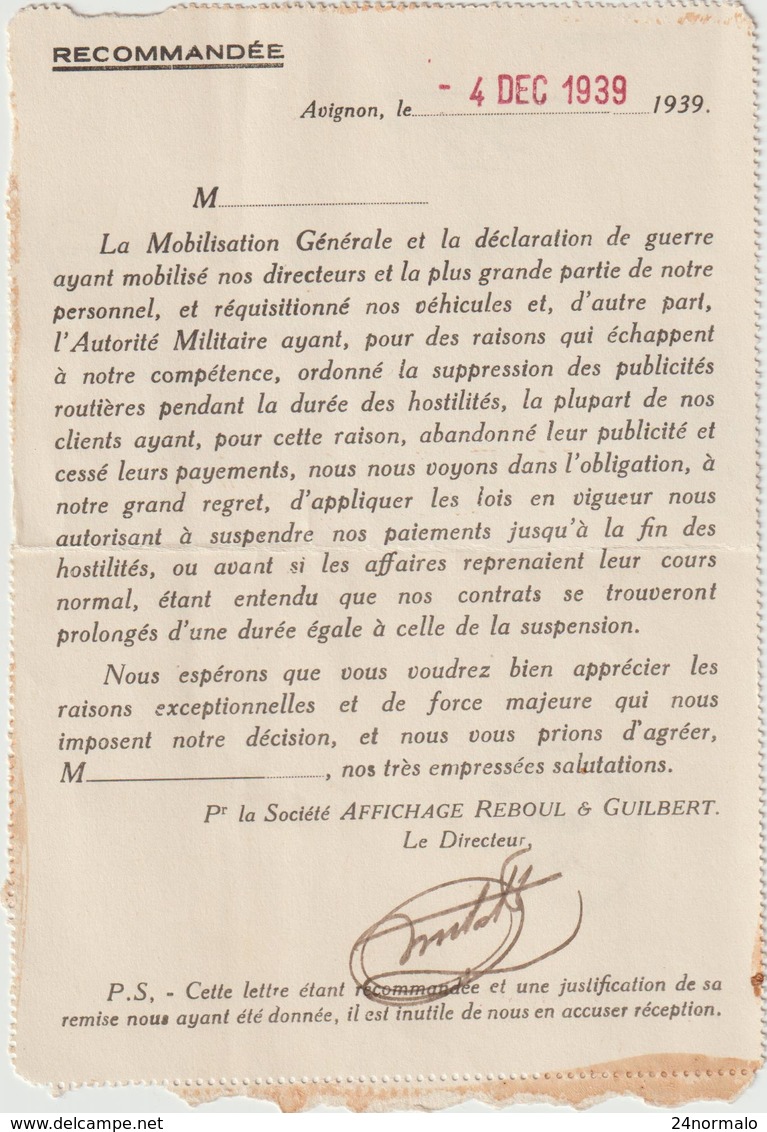 CL Circulaire Imprimée "contrats Suspendus En Raison De La Guerre"  Recommandée 3F Avignon Vaucluse 1939 - Guerre De 1939-45