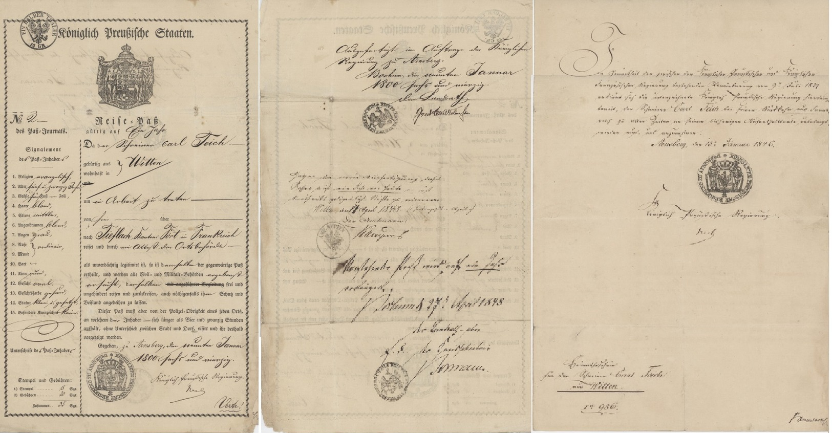 Passeport Reiße - Paß Arnsberg 1845 Papier Timbré Généalogie Carl TEICH Bochum Witten Héraldique - Documents Historiques