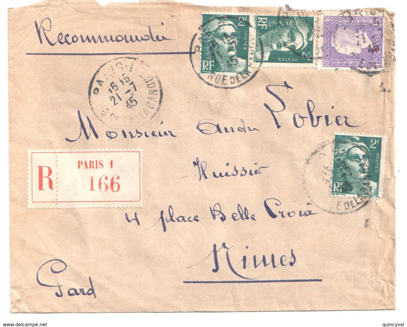 PARIS 1 Lettre Recommandée 2°Ech 2F Gandon Vert 1F Dulac Lilas Yv 713 689 Ob 21 7 1945 Etiquette Reco - Covers & Documents