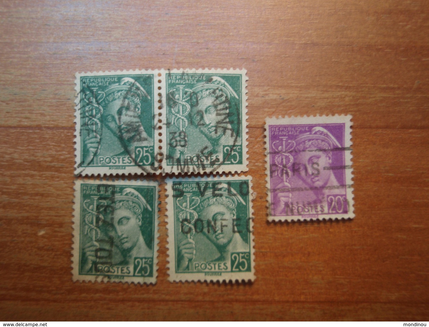 4 Timbre De 1938 Mercure 25c Vert 1ère Série + Un Timbre Idem De 20 C Oblitérés, Beaux Timbres Somme 1938 En Autres - 1938-42 Mercure