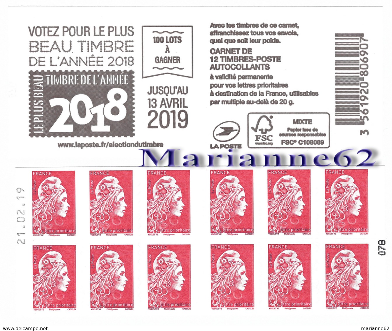 France 2019 Carnet Marianne L'engagée PRIO DATE " Le Plus Beau Timbre De L'année 2018 " - MNH Neuf - Commemoratives