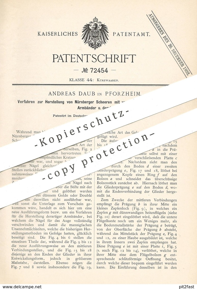 Original Patent - Andreas Daub , Pforzheim , 1893 , Nürnberger Scheren Für Armband , Schmuck , Kette , Ketten !!! - Documentos Históricos