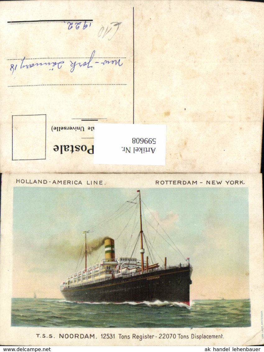 599608,Schiff Hochseeschiff T.S.S. Noordam Holland-America Line Rotterdam New York - Cargos