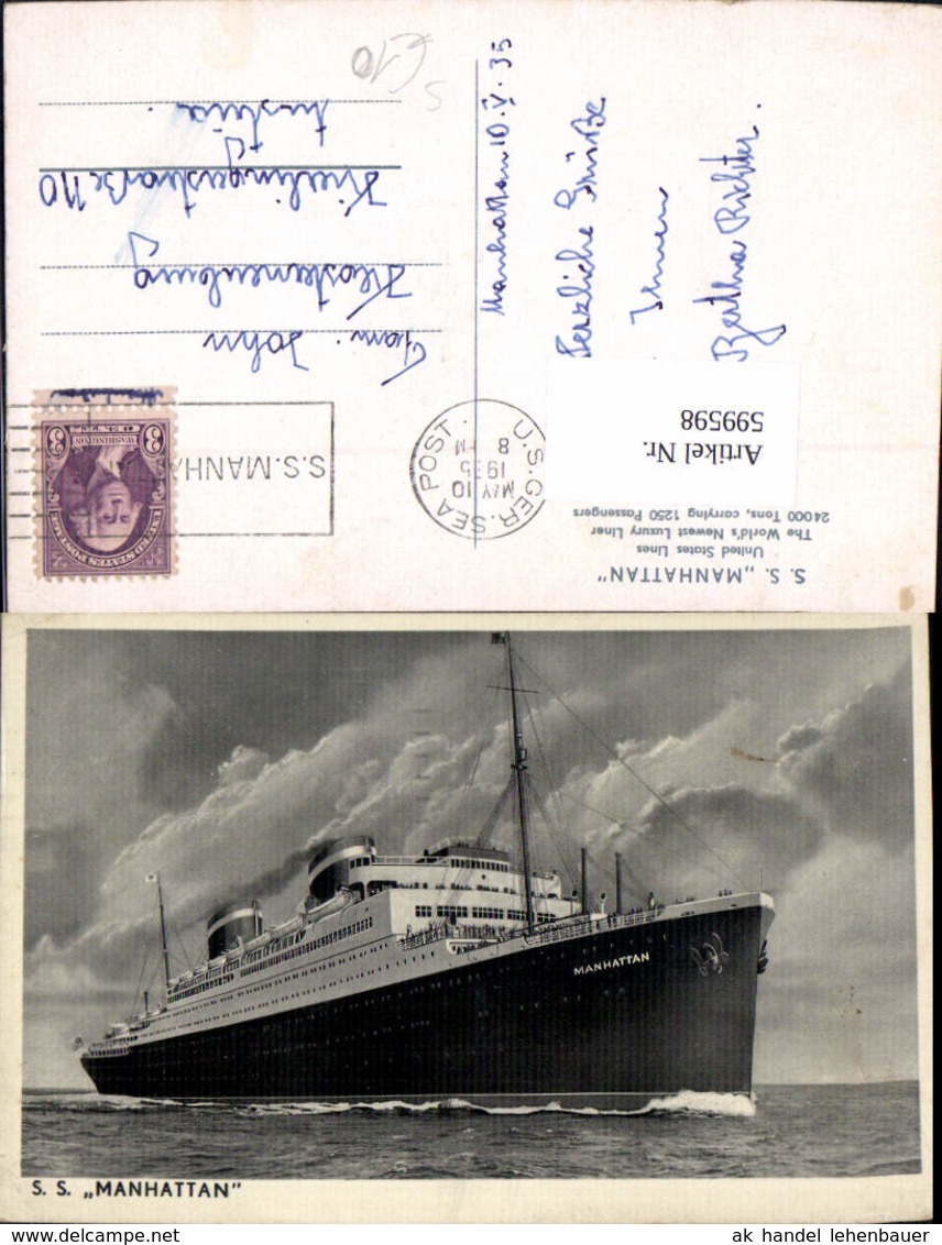 599598,Schiff Hochseeschiff S. S. Manhattan United States Lines Stempel U.S.Ger.Sea P - Handel