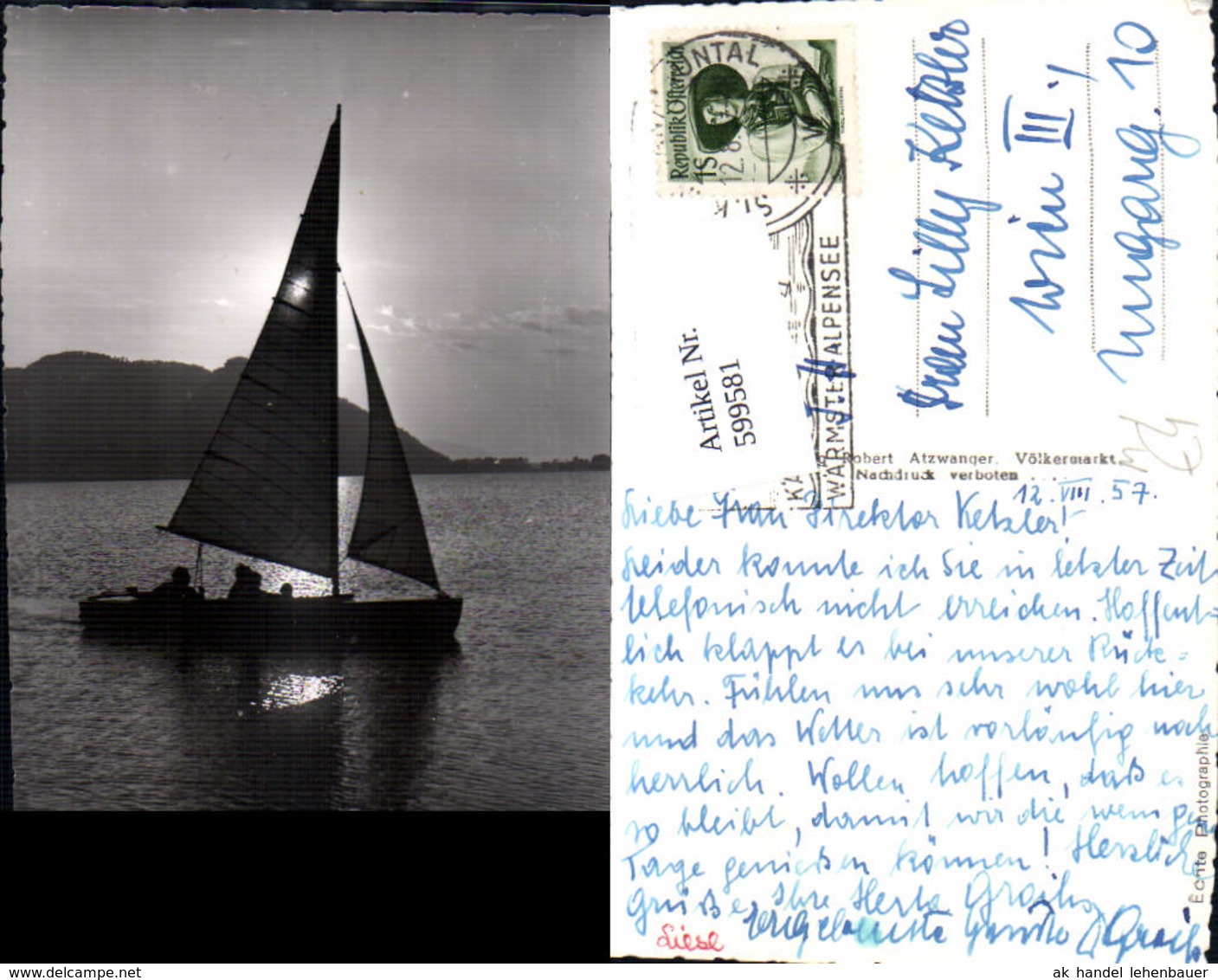 599581,Foto Ak Segelschiff Segelboot Am Klopeiner See K&auml;rnten - Sailing Vessels