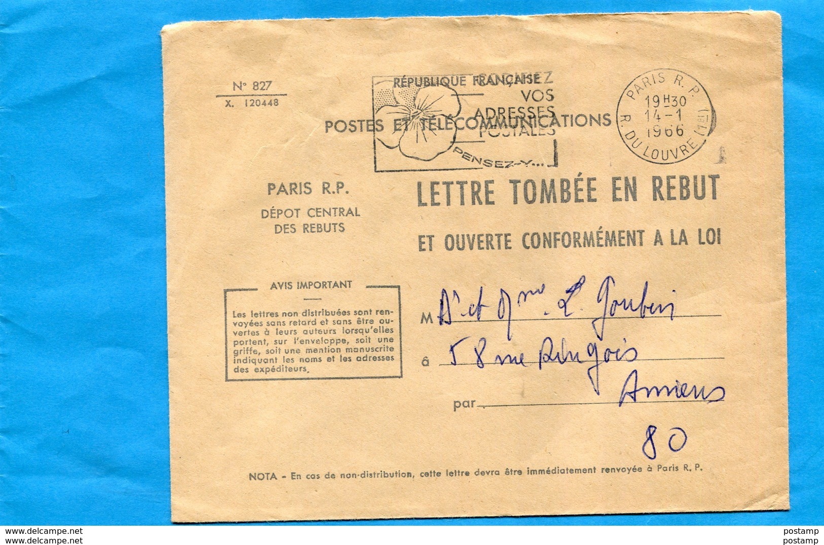Marcophilie-LETTRE TOMBEE EN REBUT-N°827-1-CAD 1966 Paris Dépot Central Des Rebuts-distribuée - Autres & Non Classés