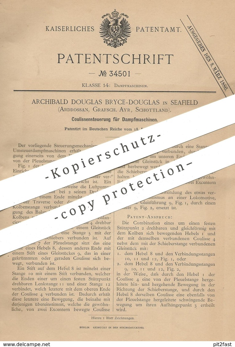 Original Patent - Archibald Douglas Bryce Douglas , Seafield , Ardrossan , Ayr , Schottland | Dampfmaschine | Steuerung - Historical Documents