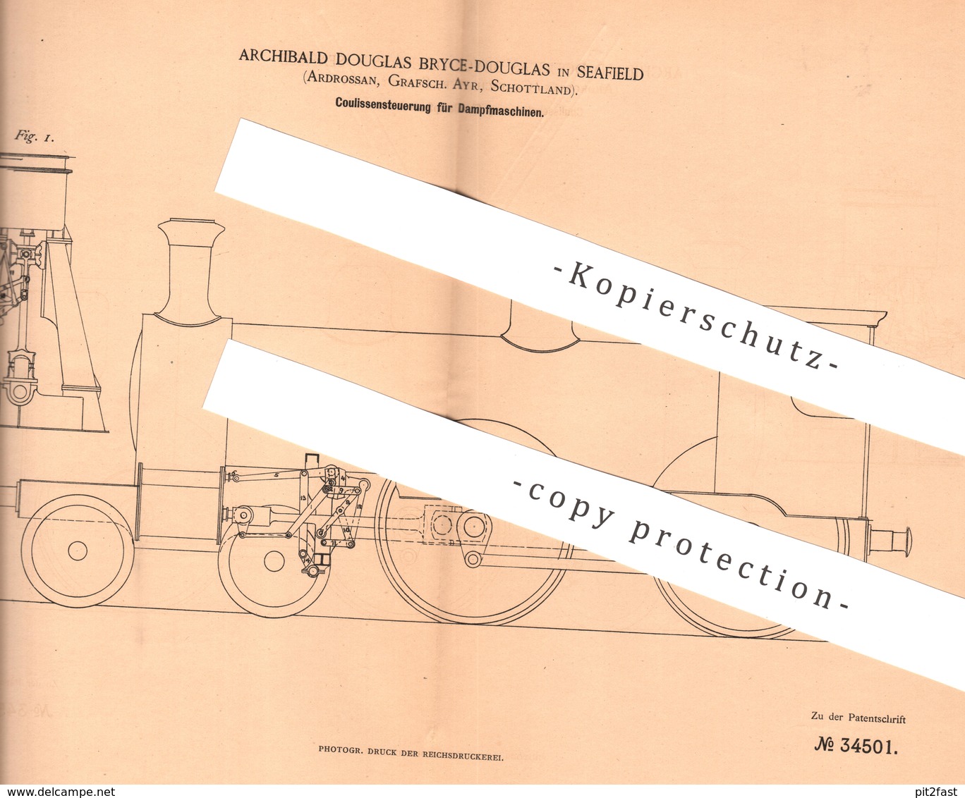 Original Patent - Archibald Douglas Bryce Douglas , Seafield , Ardrossan , Ayr , Schottland | Dampfmaschine | Steuerung - Historical Documents