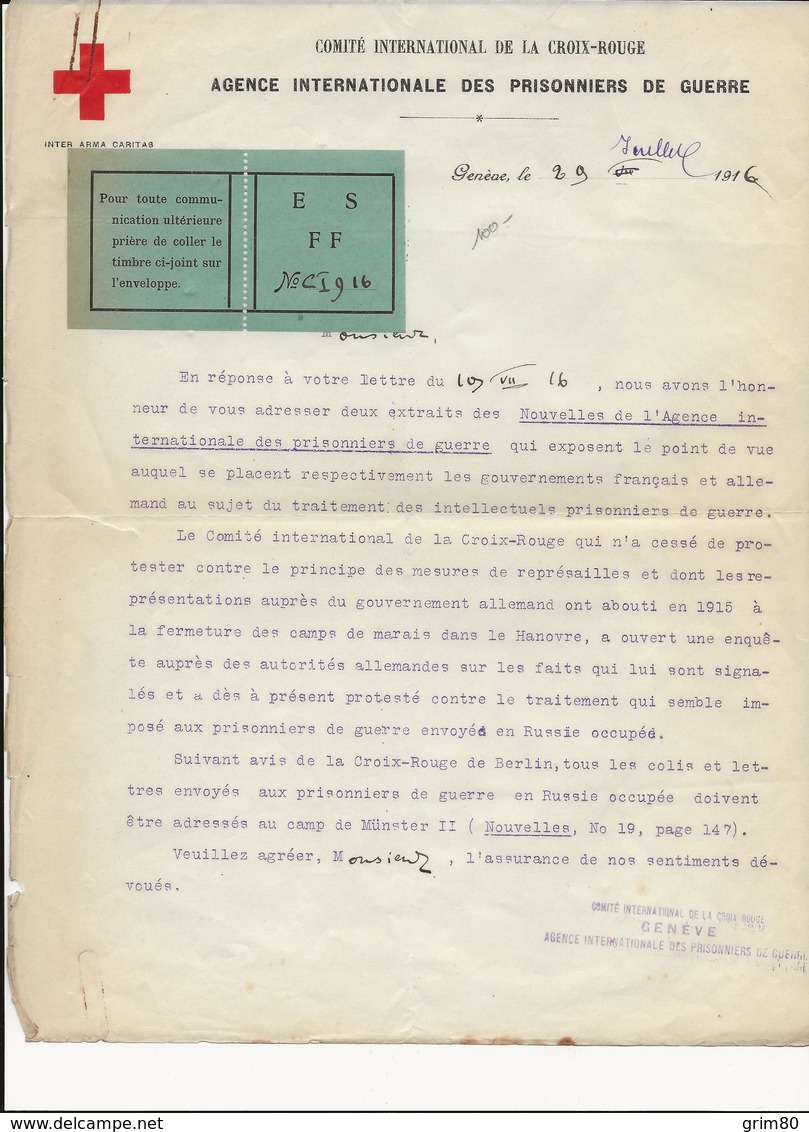 LETTRE  CROIX  ROUGE        AGENCE  INTERNATIONALE  DES PRISONNIERS  DE GUERRE - Documents