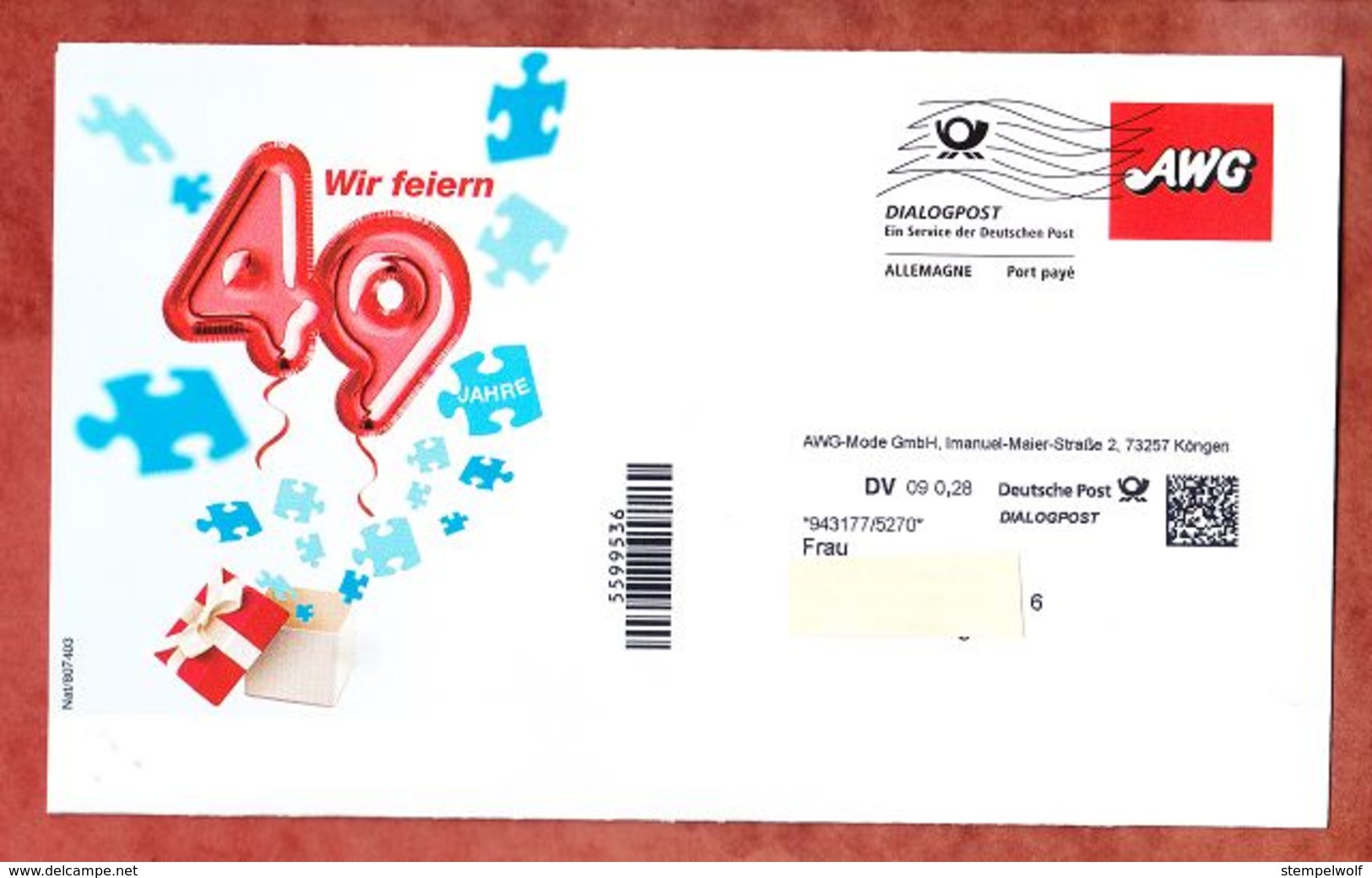 Dialogpost, AWG-Mode Koengen, Komplettes Faltblatt, DV 09, 28 C, Datamatrix, Frankierwelle (70639) - Maschinenstempel (EMA)