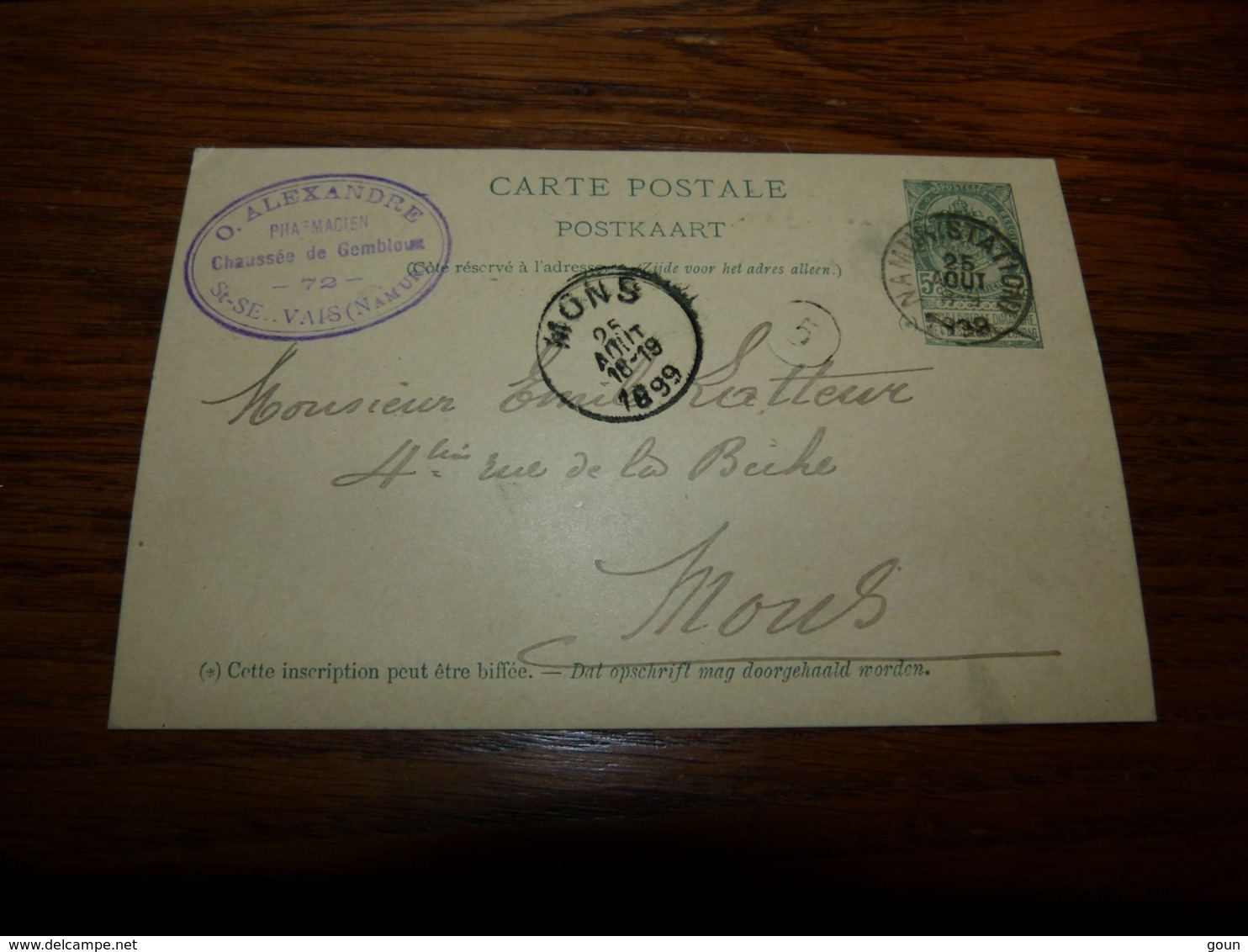 Entier Postal Pharmacie O. Alecandre Saint-Servais St-Servais Namur 1899 - Autres & Non Classés