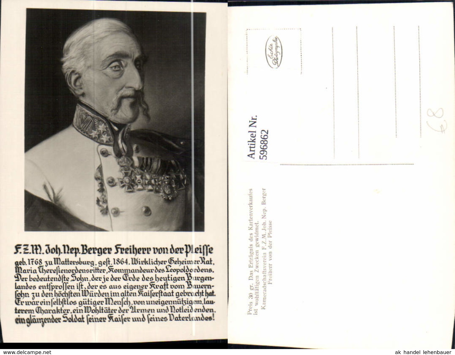 596862,Portrait Joh. Nep. Berger Freiherr V. D. Pleisse Adel Monarchie - Königshäuser